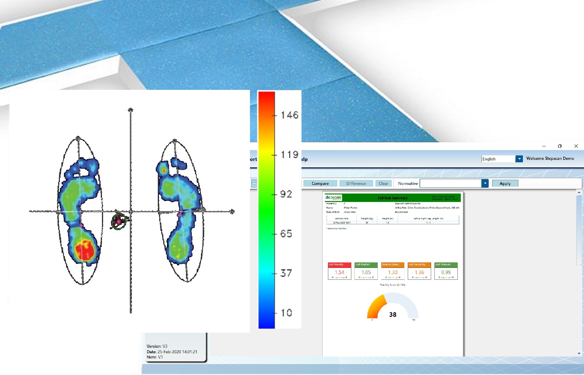 Collage of Stepscan system arranged in a T, balance assessment foot pressure maps, and a Fall Risk Assessment Summary report.