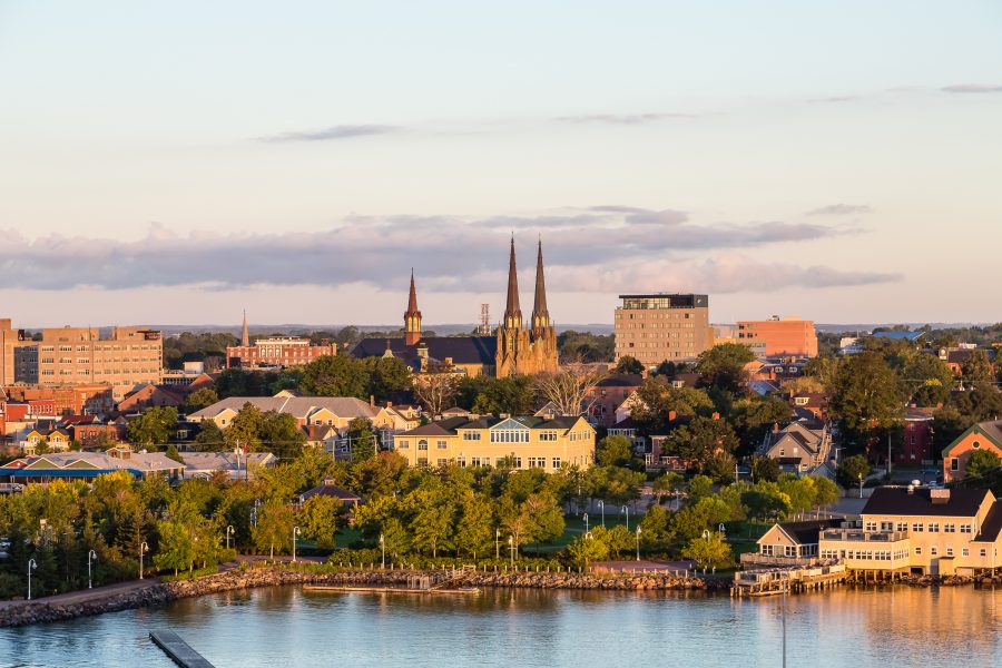 Downtown Charlottetown and its water front photographed from the air at sunset